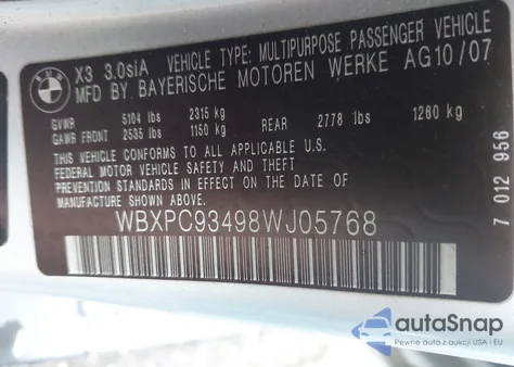 2008 BMW X3 3.0Si из США, поврежденный, VIN WBXPC93498WJ05768